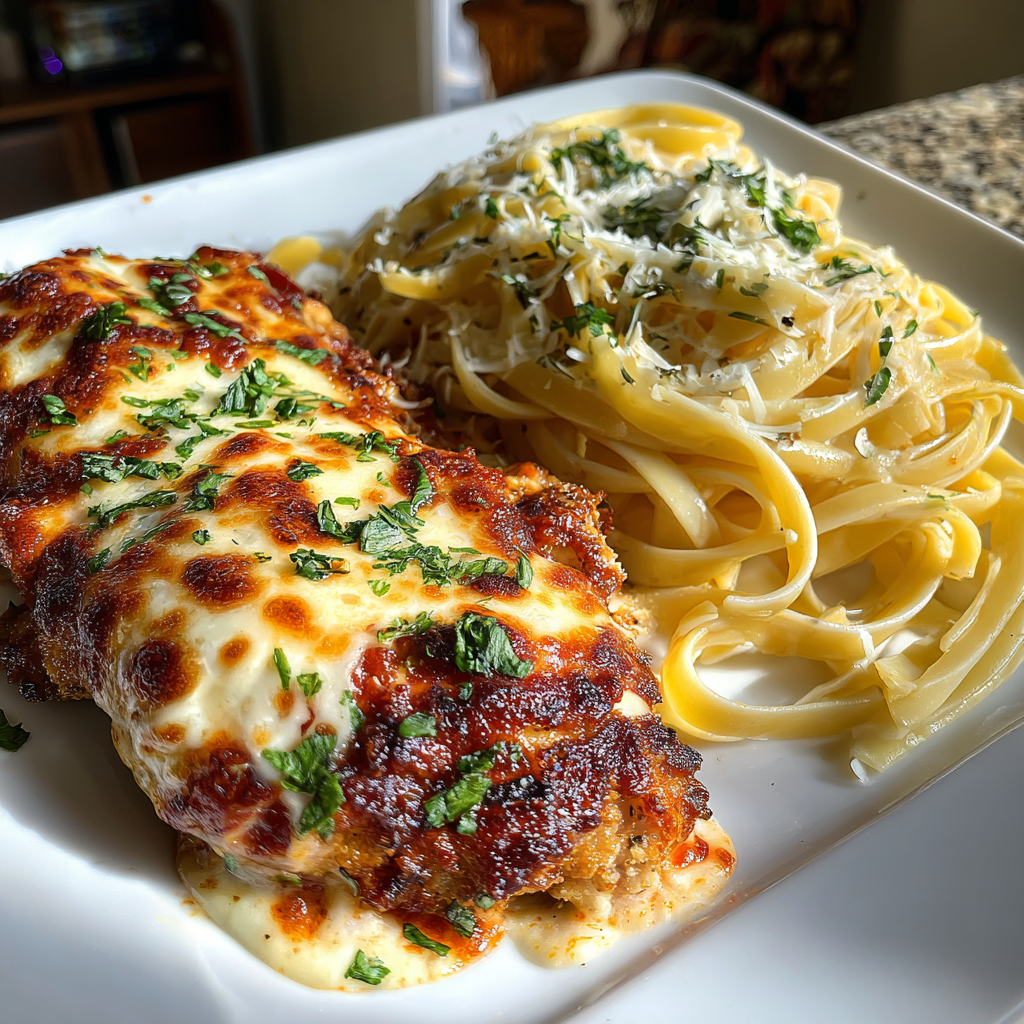 Best Chicken Parmesan Recipe Served with Creamy Fettuccine Alfredo for a Perfect Dinner Night