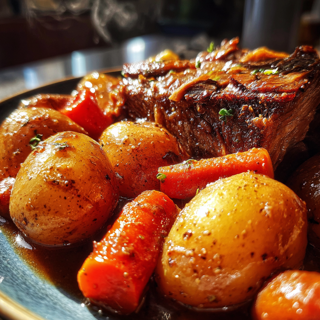 Dutch Oven Chuck Roast Slow Cooked with Baby Potatoes, 3 Hours to Perfectly Tender Flavorful Gravy