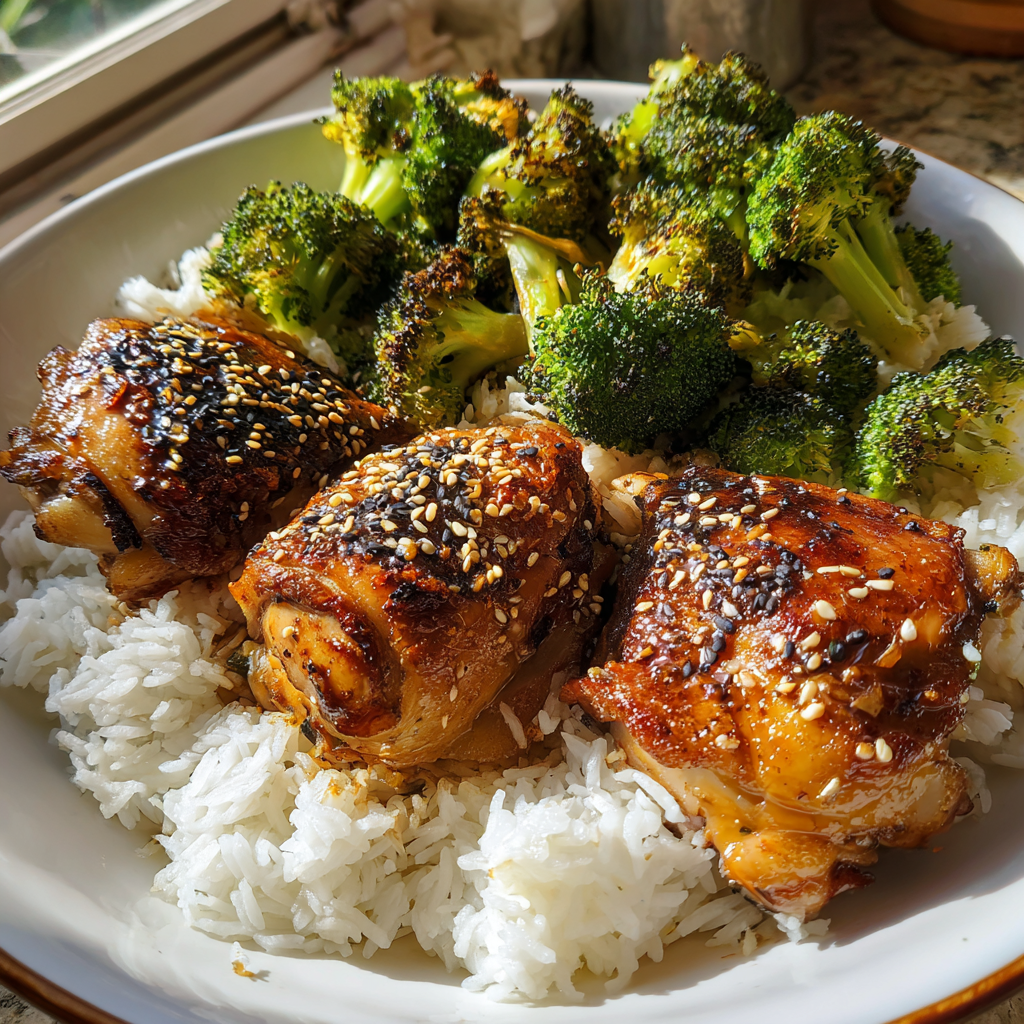 Easy Teriyaki Chicken Served with Sticky Rice and 30 Minutes to Irresistible Roasted Sesame Broccoli