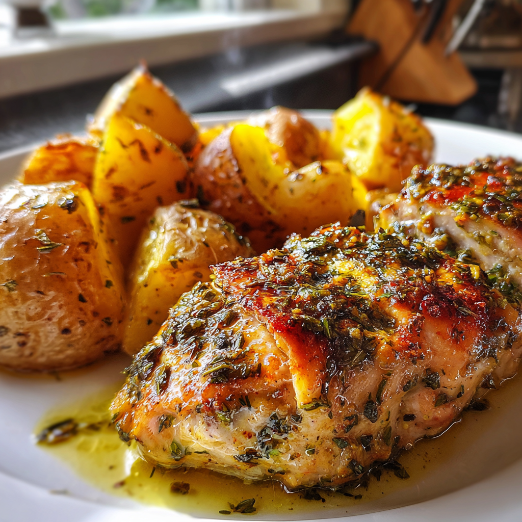 Juicy Baked Chicken Breast Served with Herb Roasted Potatoes: A Perfect Dinner