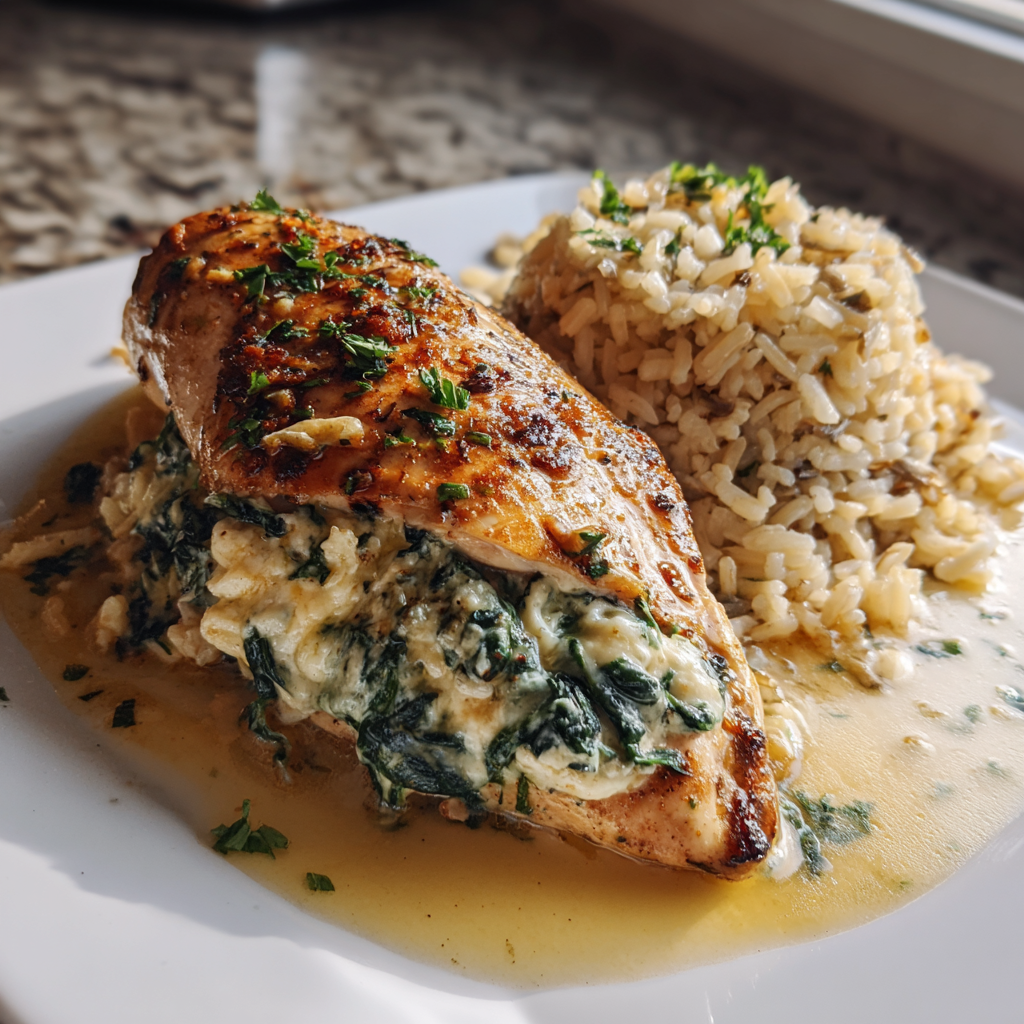 Juicy Baked Stuffed Chicken Breast Served with Wild Rice Pilaf: 1 Irresistible Recipe