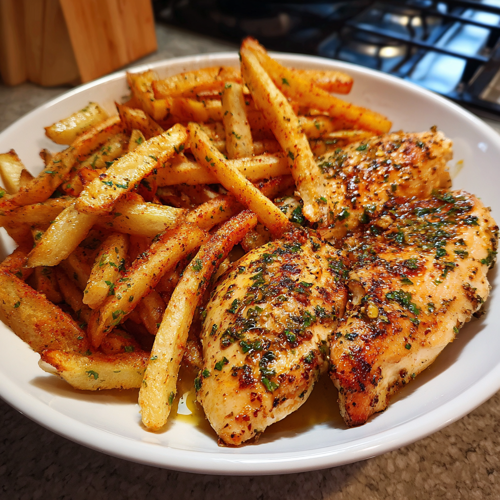 Juicy Chicken Breast Dinner Served with 4 Crispy Seasoned Fries