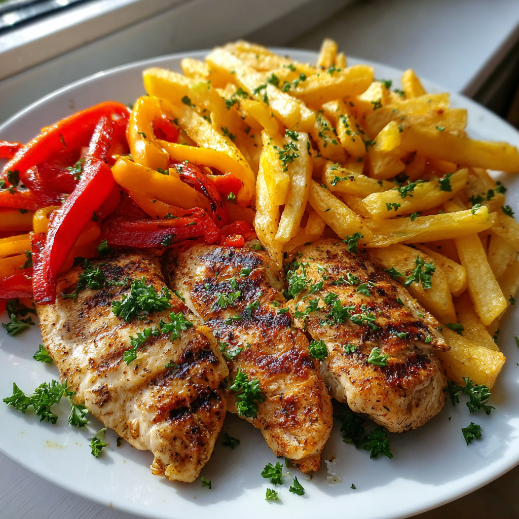 Juicy Chicken Breast Served with Crispy French Fries and Grilled Peppers for a Perfect Family Dinner