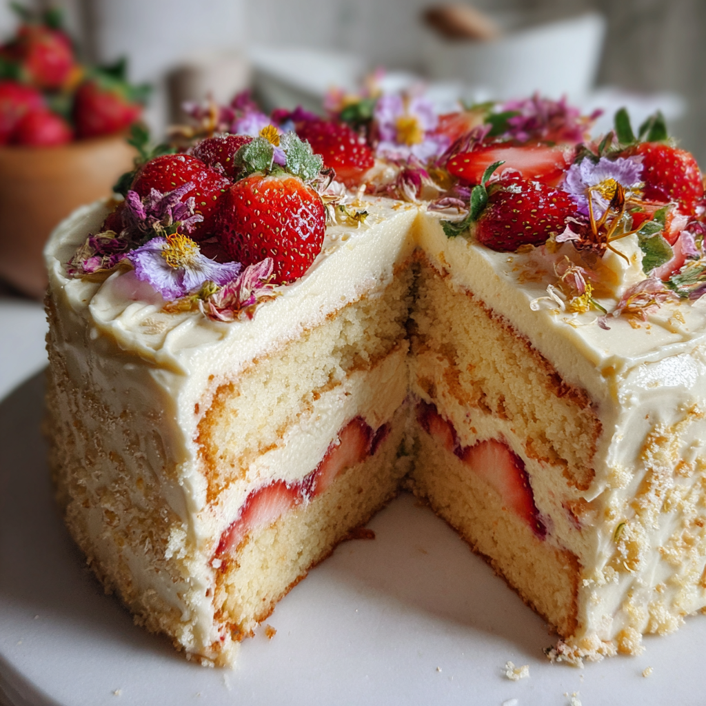 Strawberry Mascarpone Cake with Edible Flowers: 5 Irresistible Layers